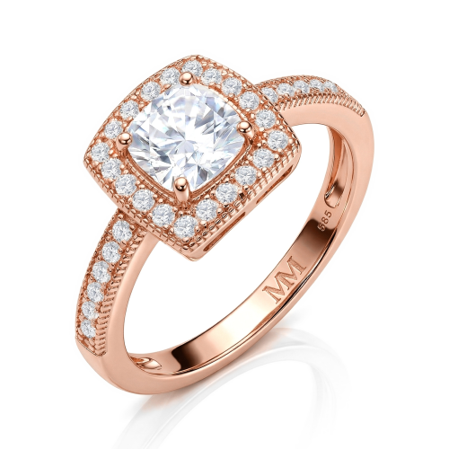 Sanctum - forlovelsesring med moissanite i puteslip, vintagehalo og ringskinne med pavé