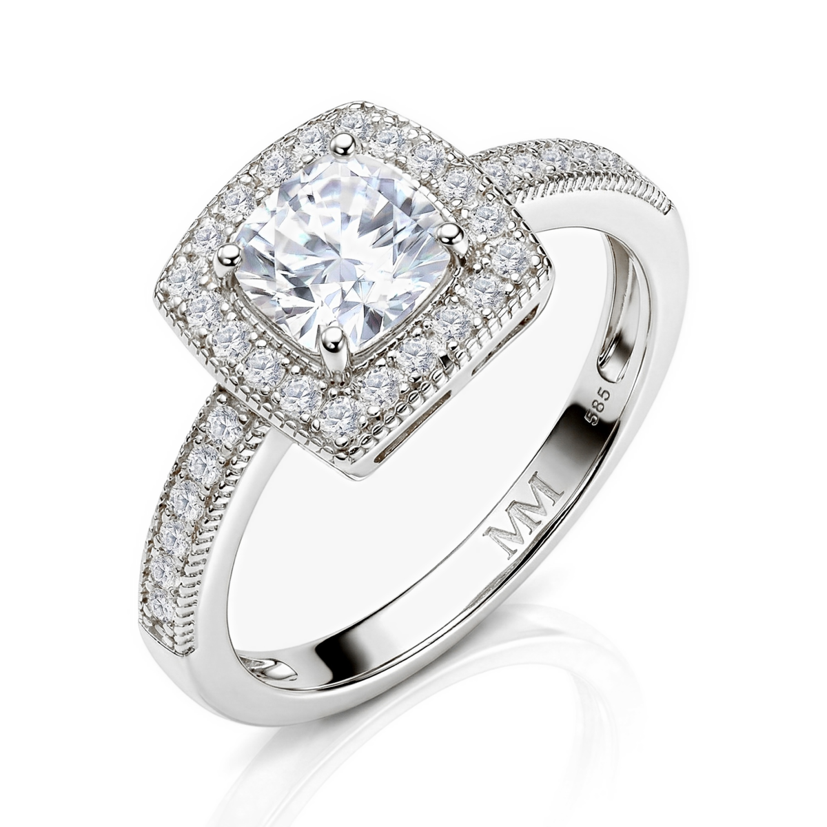 Sanctum - forlovelsesring med moissanite i puteslip, vintagehalo og ringskinne med pavé