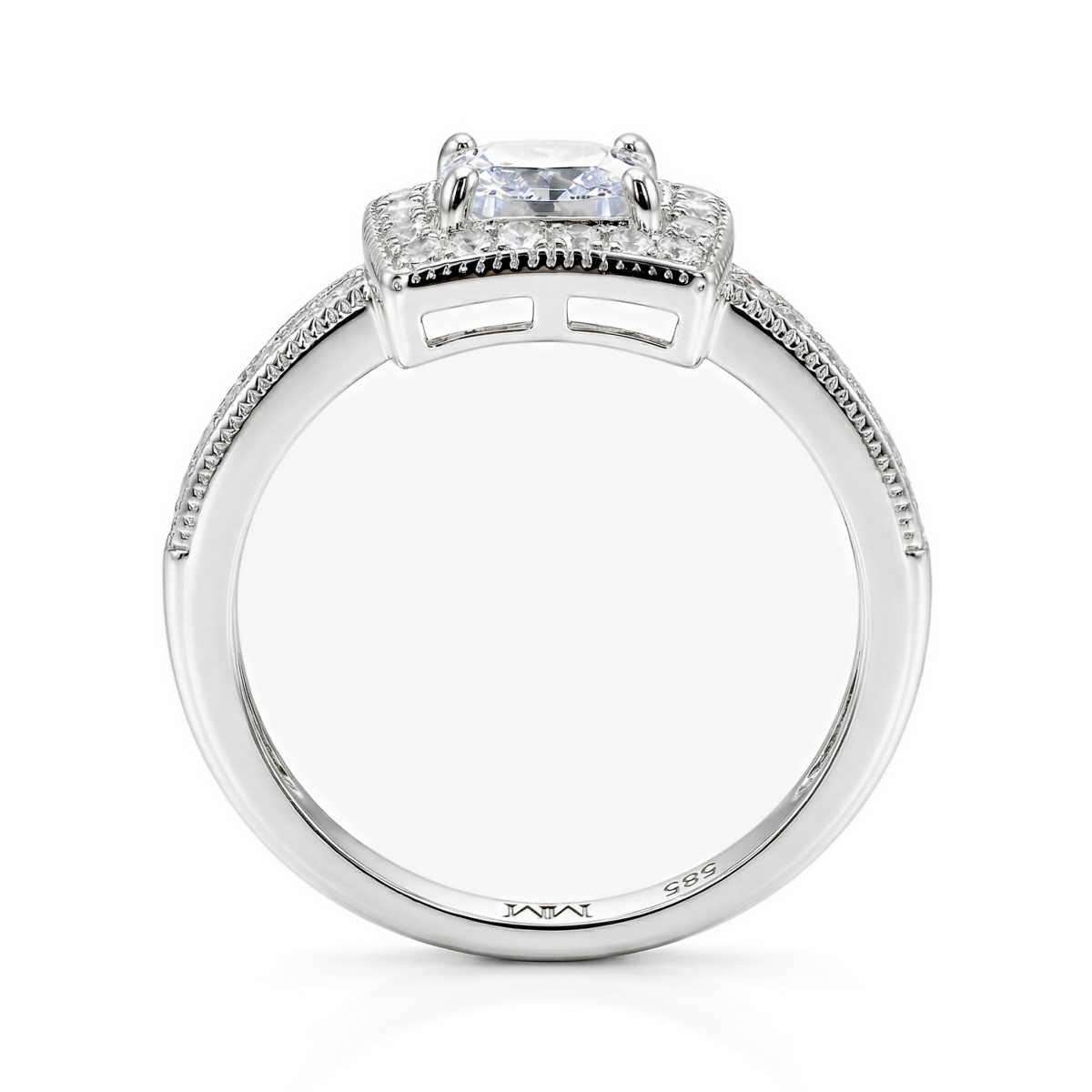 Sanctum - forlovelsesring med moissanite i puteslip, vintagehalo og ringskinne med pavé