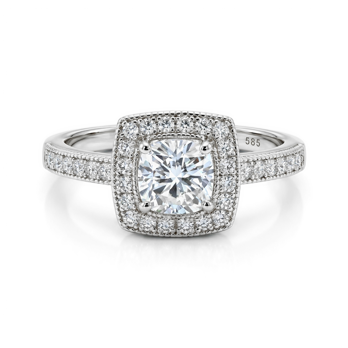Sanctum - forlovelsesring med moissanite i puteslip, vintagehalo og ringskinne med pavé