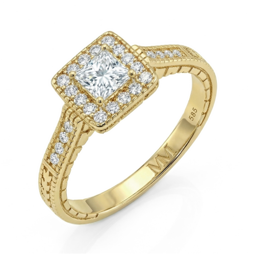 Paragone - halo-forlovelsesring med prinsesseslipt moissanite og strukturert ringskinne