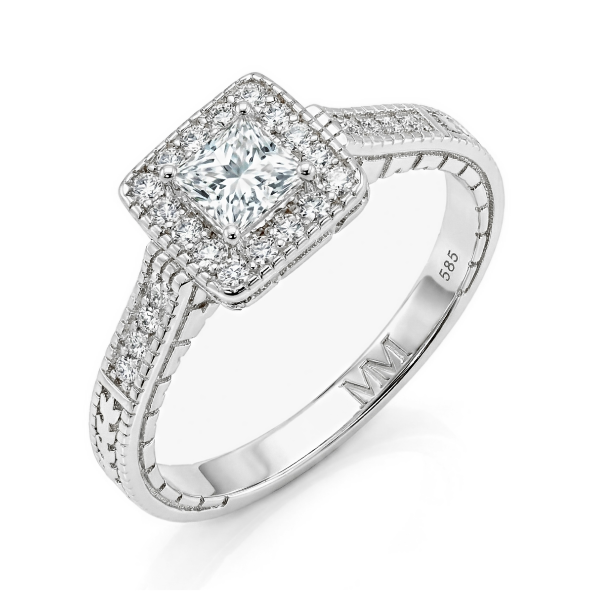 Paragone - halo-forlovelsesring med prinsesseslipt moissanite og strukturert ringskinne