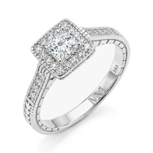 Paragone - halo-forlovelsesring med prinsesseslipt moissanite og strukturert ringskinne