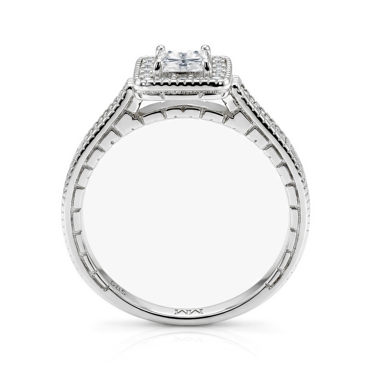 Paragone - halo-forlovelsesring med prinsesseslipt moissanite og strukturert ringskinne