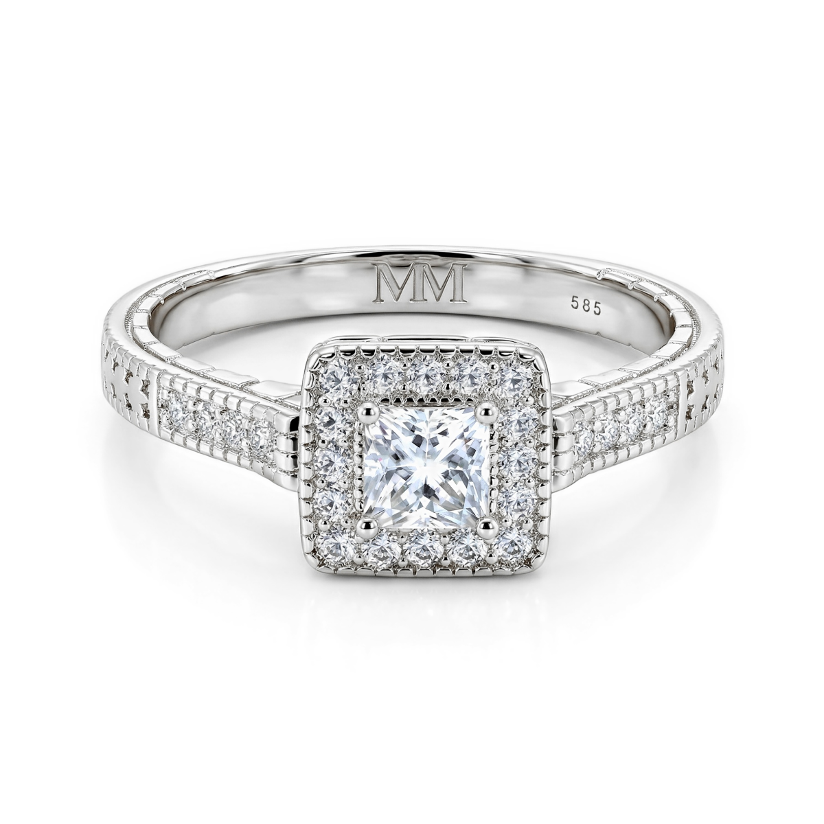 Paragone - halo-forlovelsesring med prinsesseslipt moissanite og strukturert ringskinne