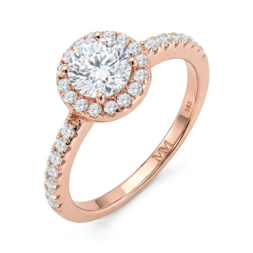 Dynara - moissanite-forlovelsesring med halo og pavéfattet ringskinne