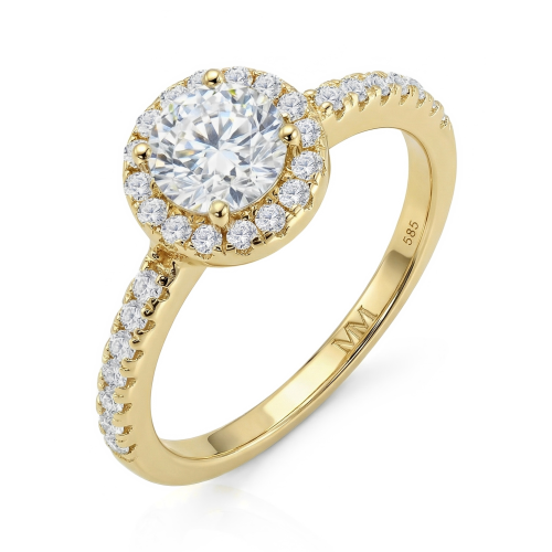 Dynara - moissanite-forlovelsesring med halo og pavéfattet ringskinne