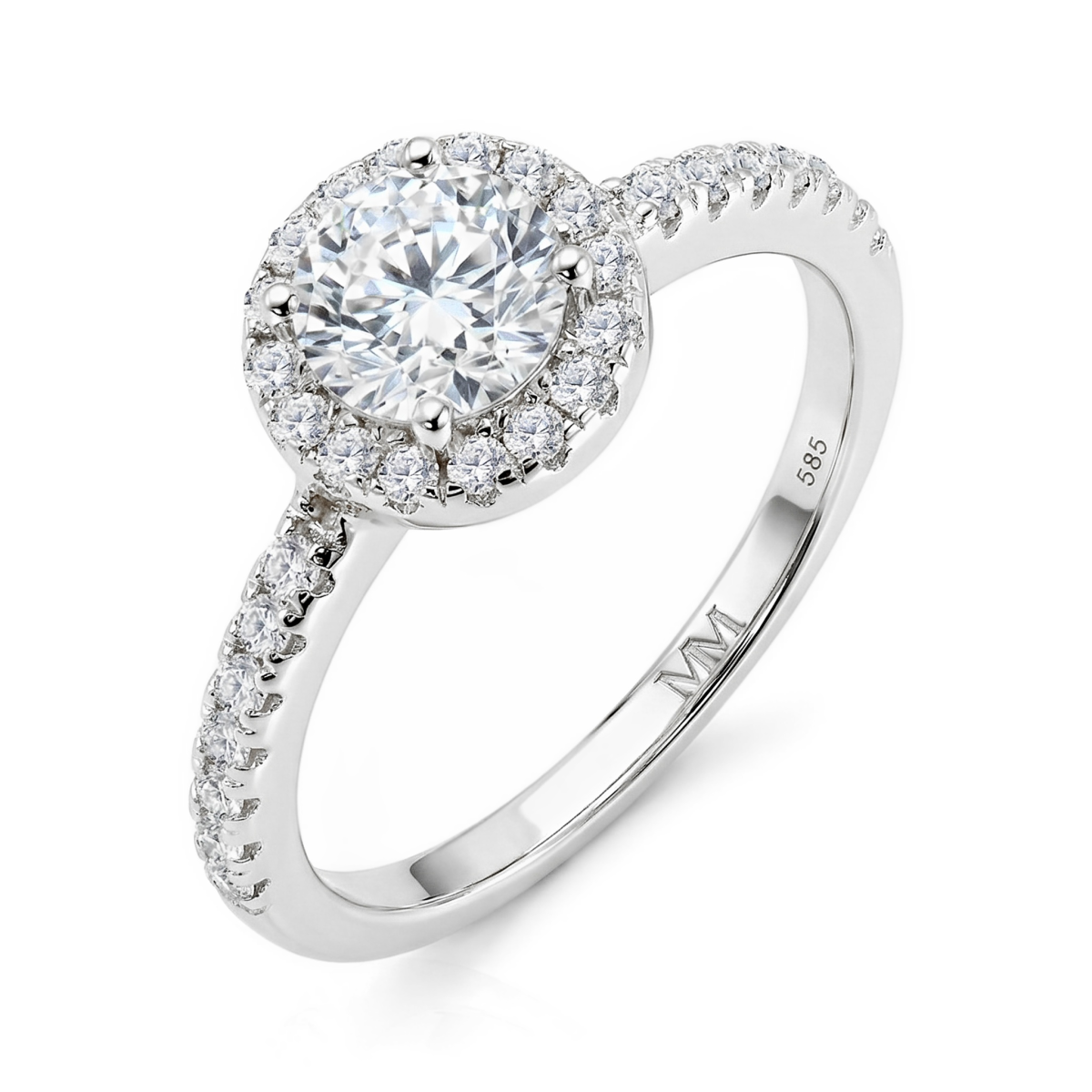 Dynara - moissanite-forlovelsesring med halo og pavéfattet ringskinne