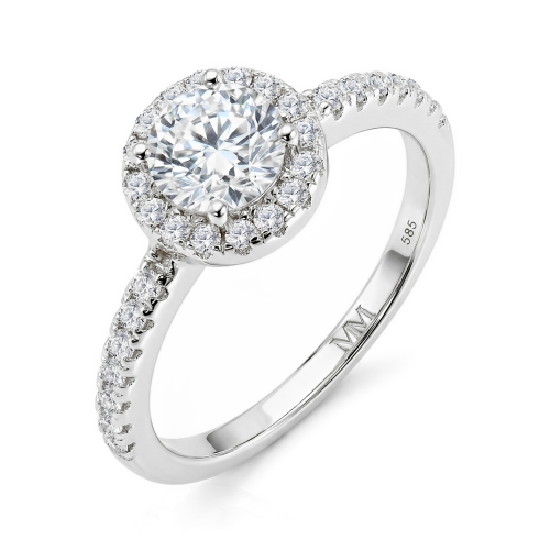 Dynara - moissanite-forlovelsesring med halo og pavéfattet ringskinne