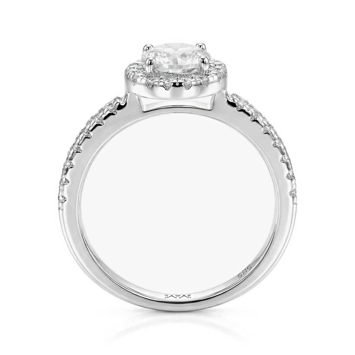 Dynara - moissanite-forlovelsesring med halo og pavéfattet ringskinne