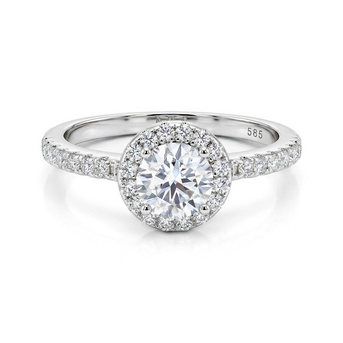 Dynara - moissanite-forlovelsesring med halo og pavéfattet ringskinne