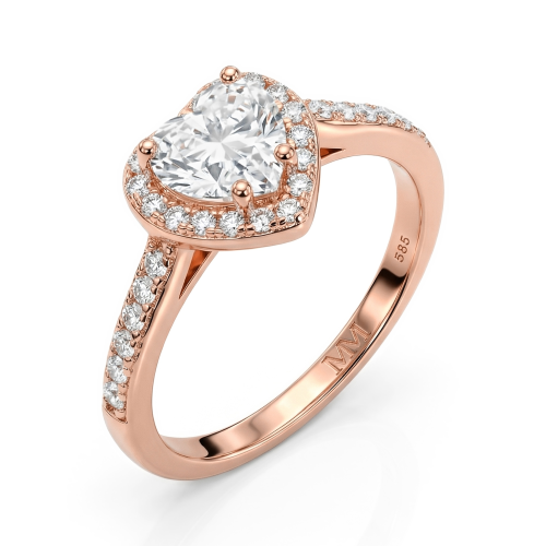 Amoria - forlovelsesring med hjerteformet moissanite, halo og pavéfattede sidesteiner