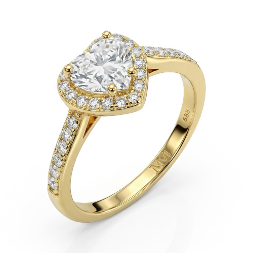 Amoria - forlovelsesring med hjerteformet moissanite, halo og pavéfattede sidesteiner