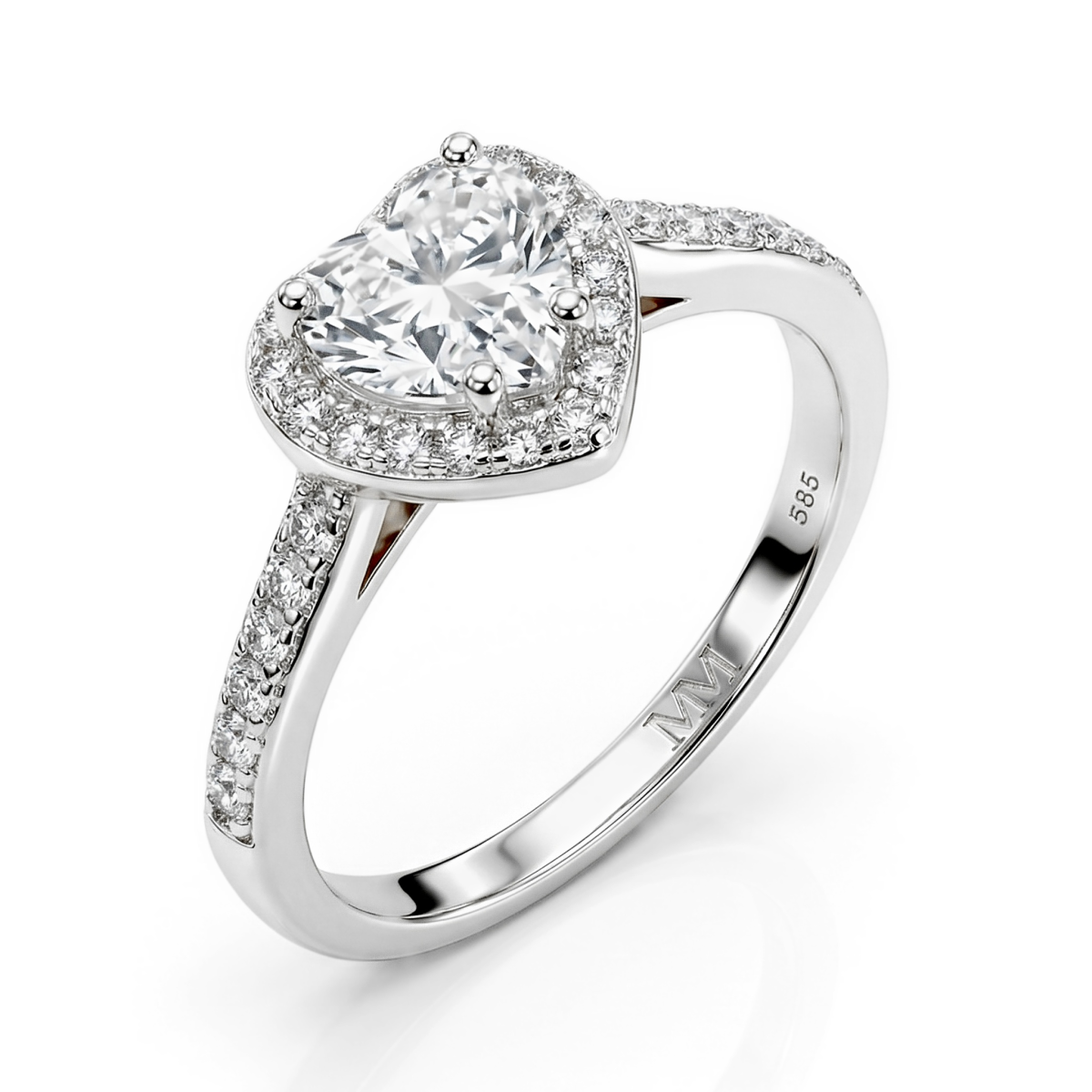 Amoria - forlovelsesring med hjerteformet moissanite, halo og pavéfattede sidesteiner