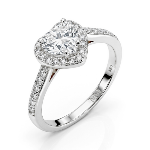Amoria - forlovelsesring med hjerteformet moissanite, halo og pavéfattede sidesteiner