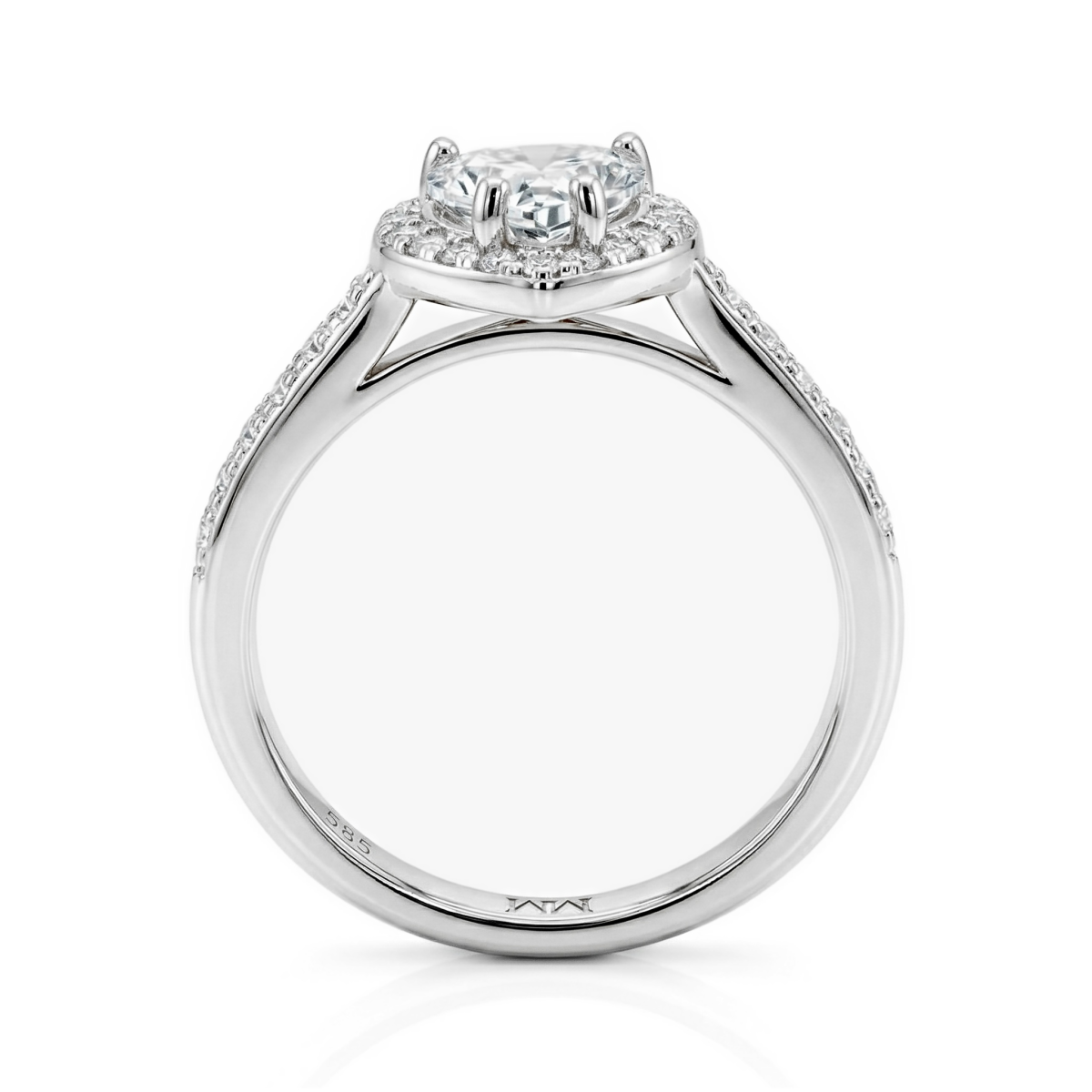 Amoria - forlovelsesring med hjerteformet moissanite, halo og pavéfattede sidesteiner