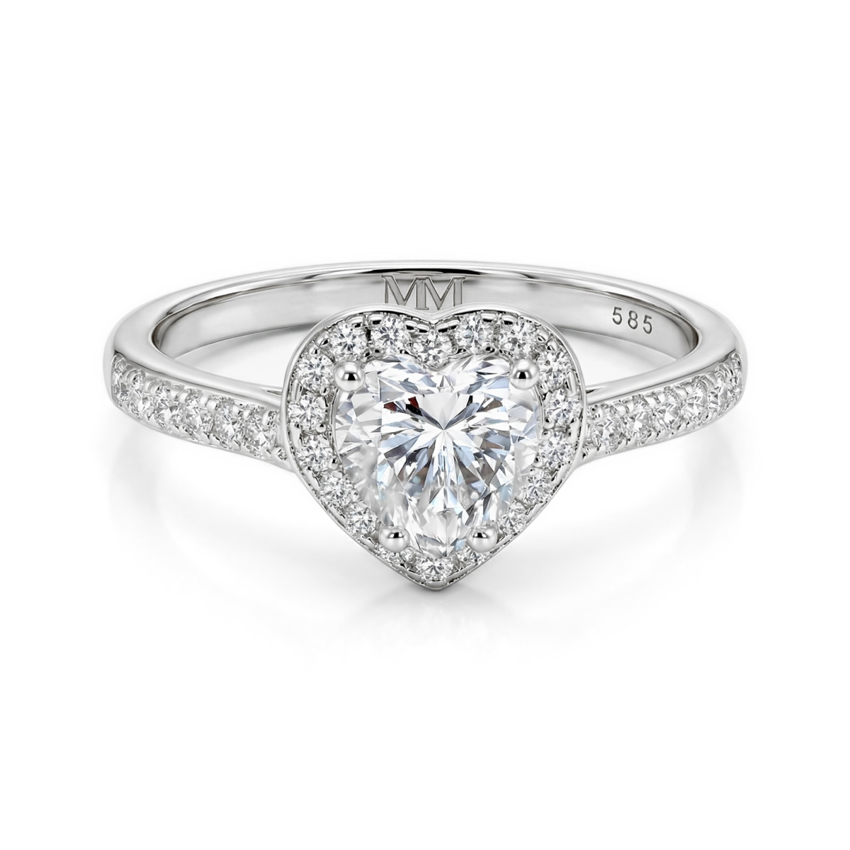Amoria - forlovelsesring med hjerteformet moissanite, halo og pavéfattede sidesteiner
