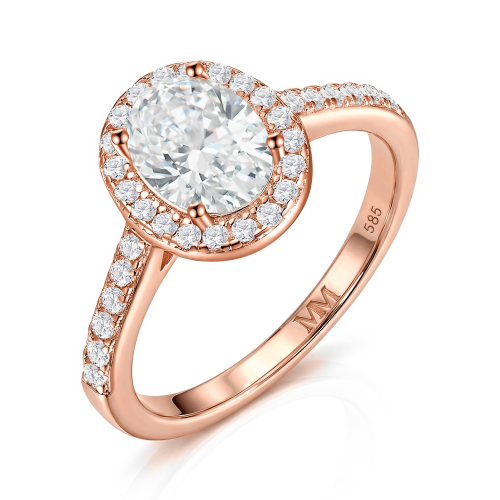 Orletta - forlovelsesring med oval moissanite, pavé-halo og pavéfattet ringskinne