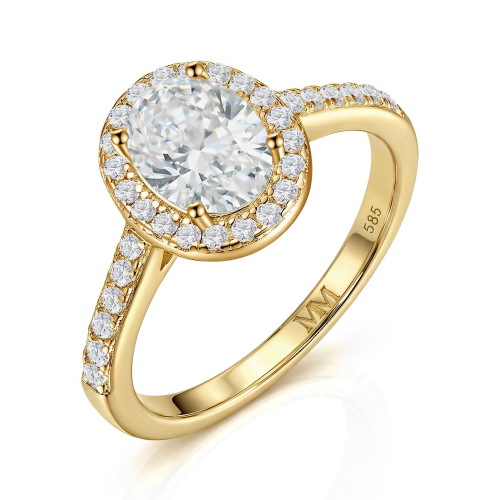 Orletta - forlovelsesring med oval moissanite, pavé-halo og pavéfattet ringskinne