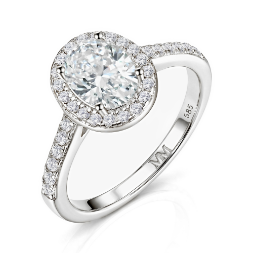 Orletta - forlovelsesring med oval moissanite, pavé-halo og pavéfattet ringskinne