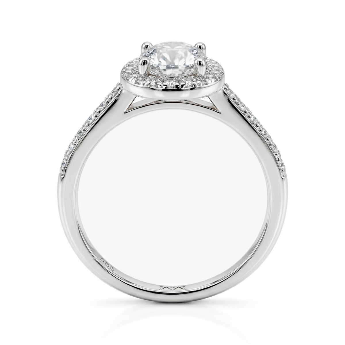 Orletta - forlovelsesring med oval moissanite, pavé-halo og pavéfattet ringskinne