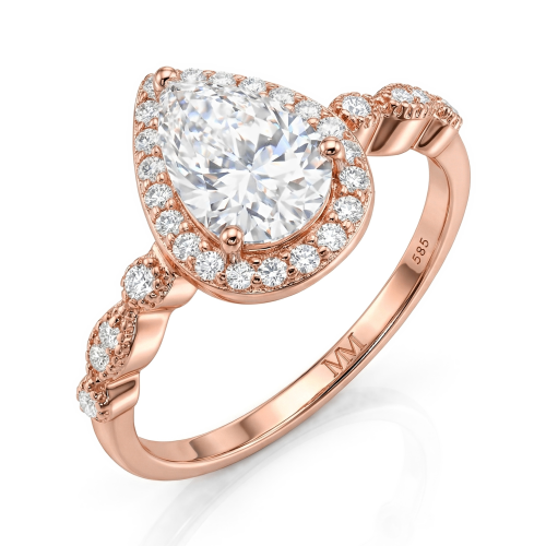 Elanore - halo-forlovelsesring med dråpeformet moissanite og tvunnet pavé-ringskinne