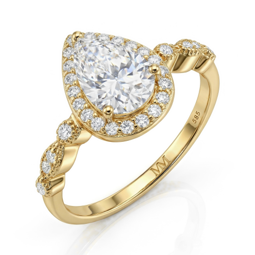 Elanore - halo-forlovelsesring med dråpeformet moissanite og tvunnet pavé-ringskinne