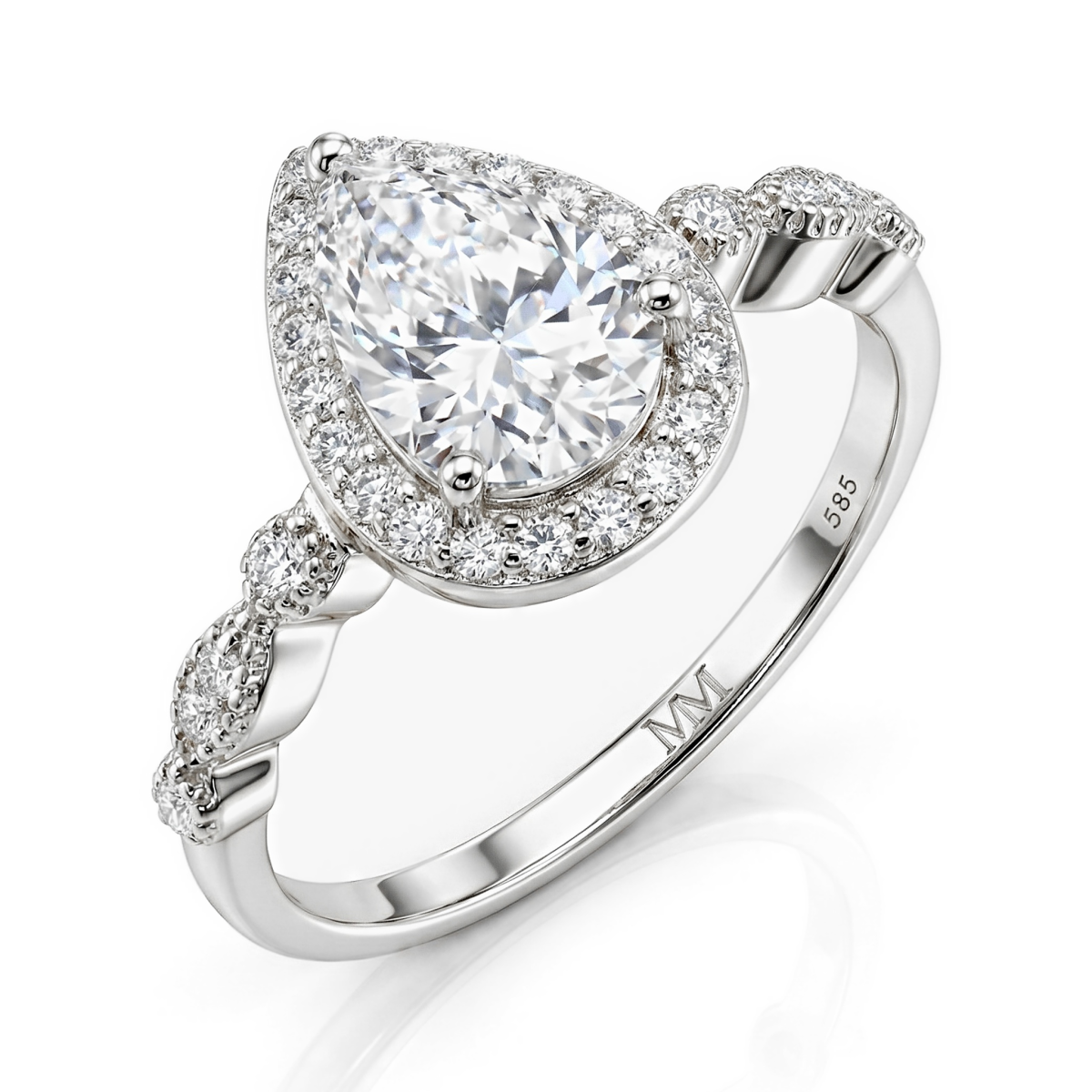 Elanore - forlovelsesring med moissanite med dråpeformet slip og snodd pavé-ringskinne