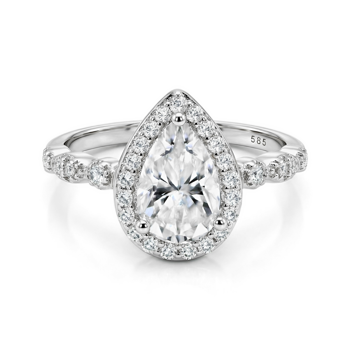 Elanore - forlovelsesring med moissanite med dråpeformet slip og snodd pavé-ringskinne