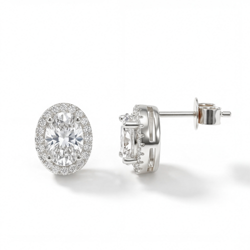 Ellipse - ovale stiftøredobber med moissanite i halofatning