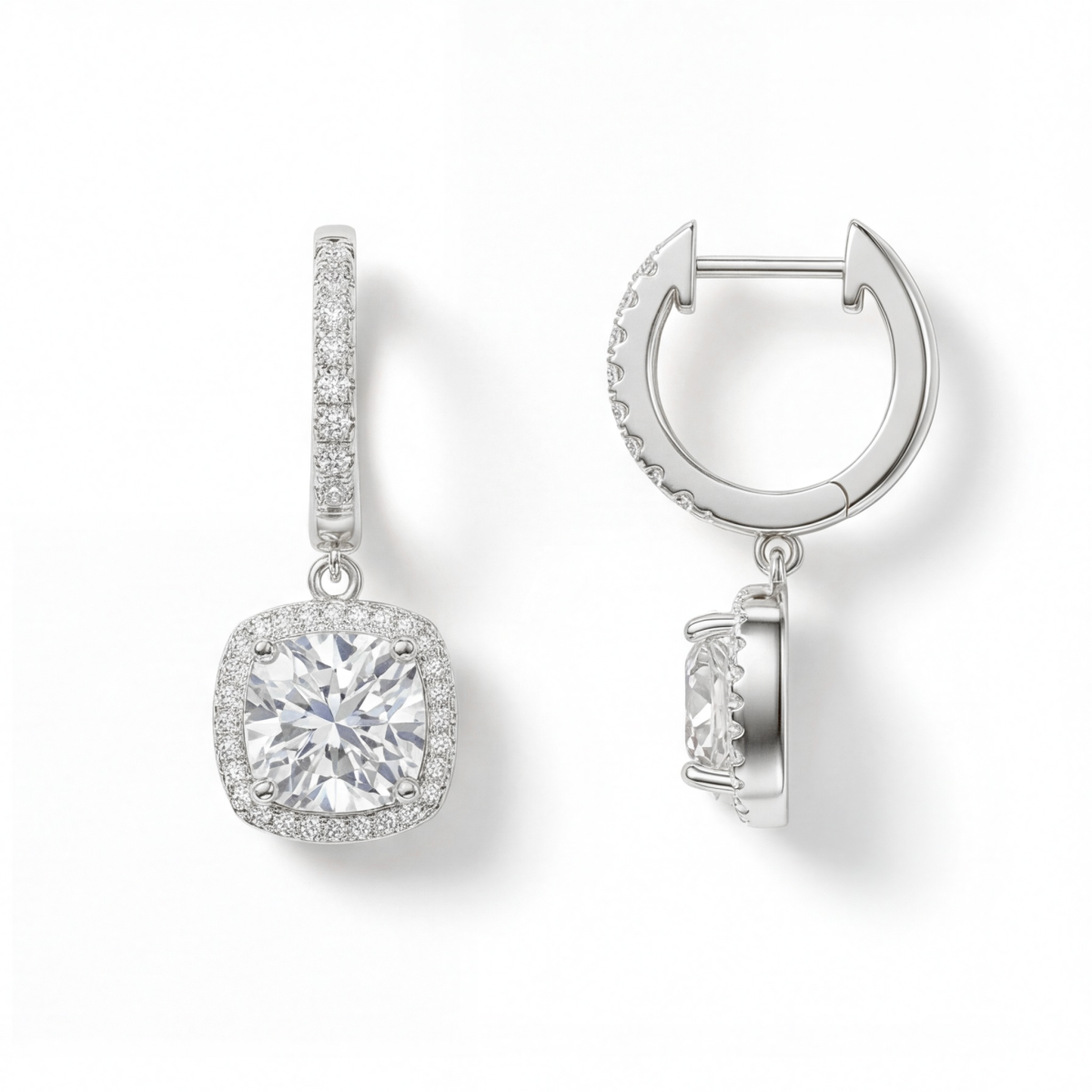 Cushion Drops - huggie-øredobber med anheng, halo og moissanite