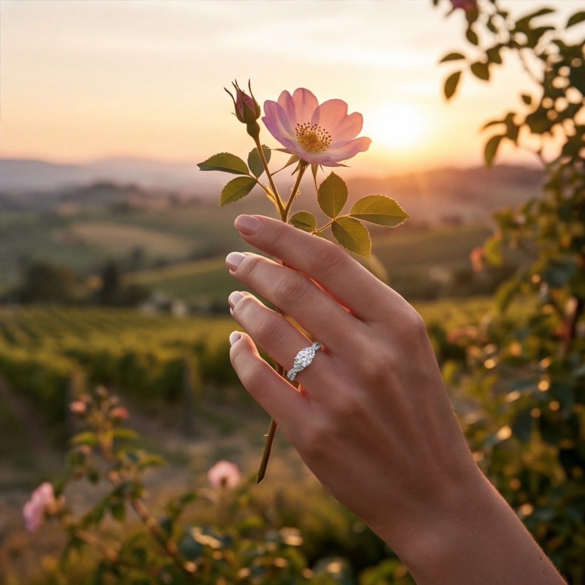 Mirari - forlovelsesring med moissanite, tvunnet delt ringskinne og pavéfattede aksentsteiner
