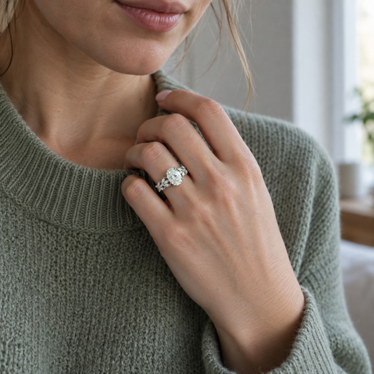 Wisteria - ring med oval moissanite og ringskinne formet som en tvunnet vinranke