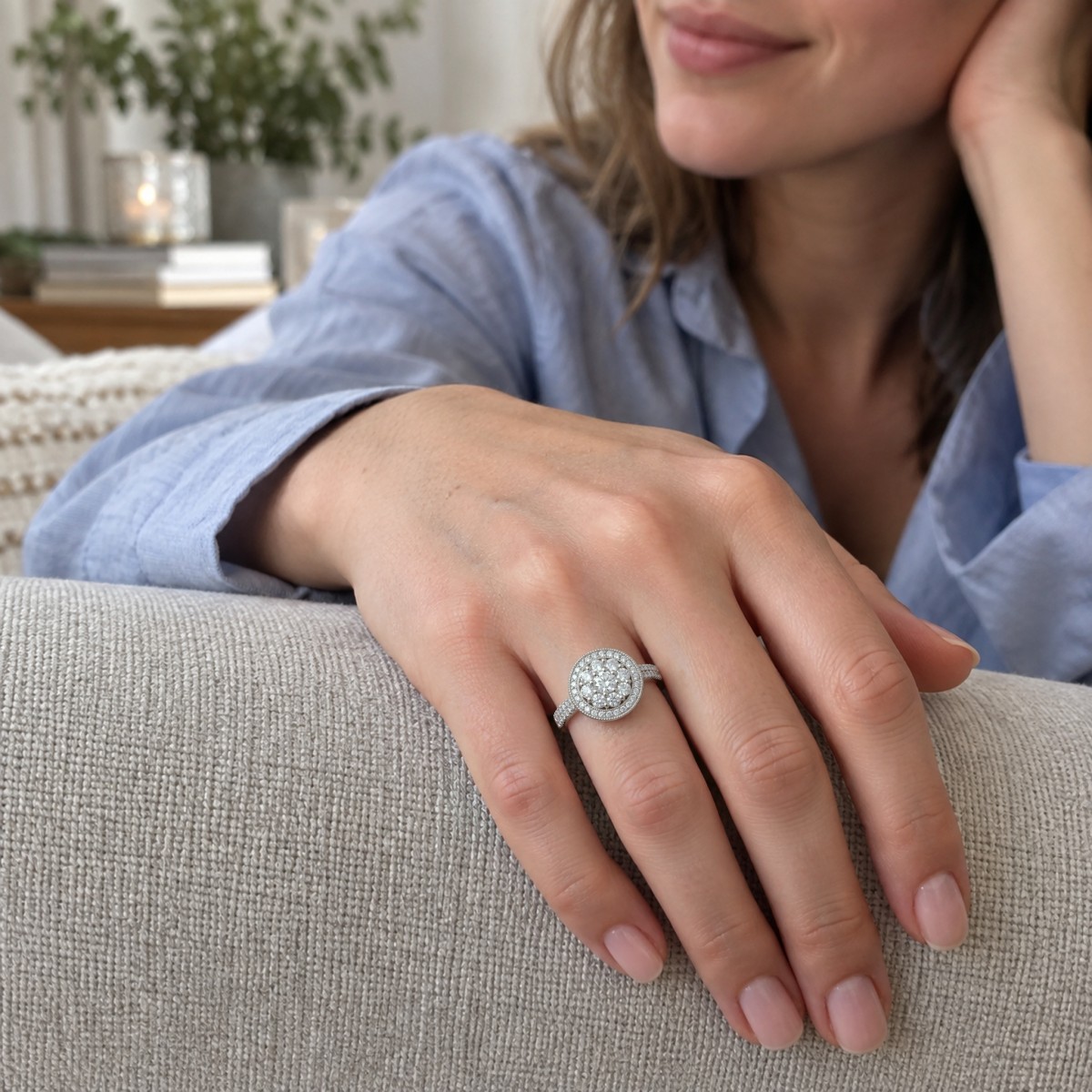 Corollina - ring med rund moissaniteklynge, halo og pavéfattede skuldre