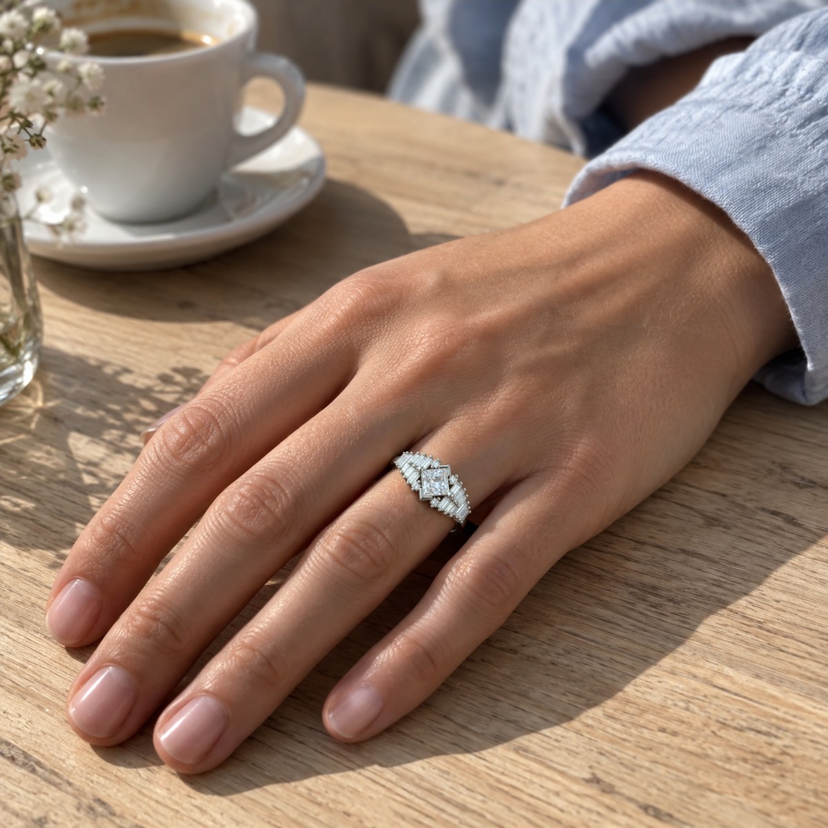 Princelle - art deco-ring med prinsesseslipt moissanite og skuldre med trinnvis plasserte baguetteslipte steiner
