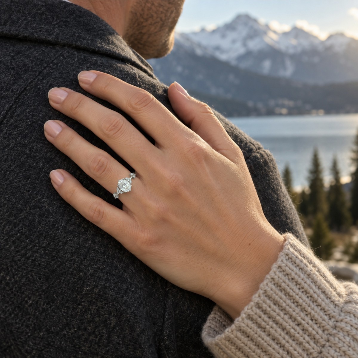 Sylvaine - forlovelsesring med oval moissanite, bladformede klynger av marquiseslipte steiner og delt ringskinne