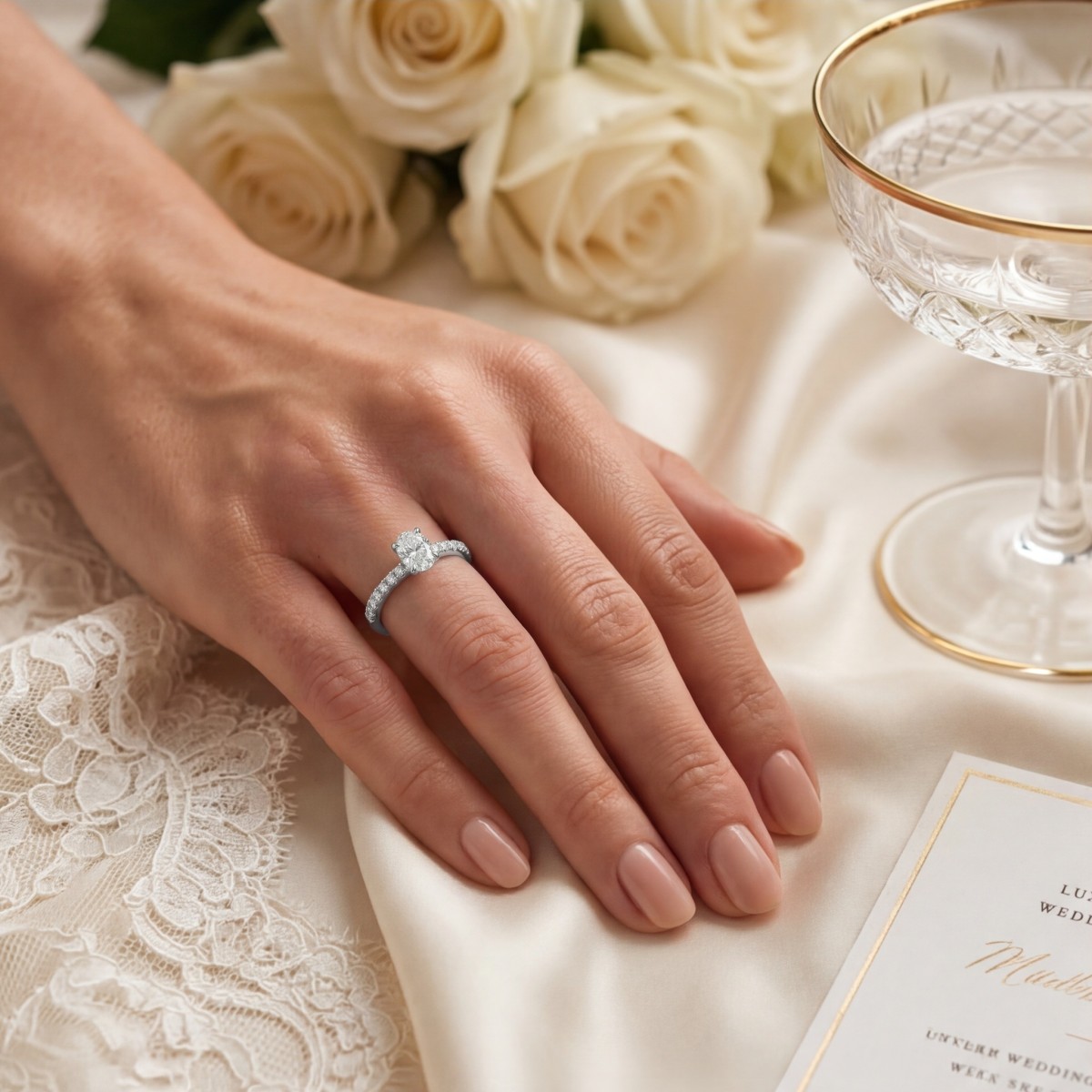 Nina ring - ring med oval moissanite og sidesteiner i pavéfatning