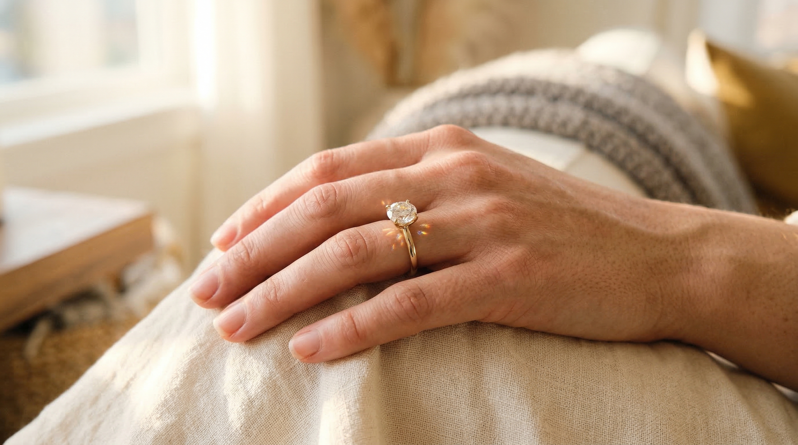 Forlovelsesring med moissanite som viser strålende lysspredning og ild